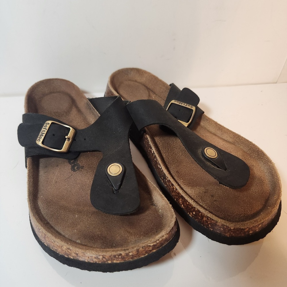 SoftMoc Black Leather Thong Sandals Cork Footbed Adjustable Buckle Slides Mens 9